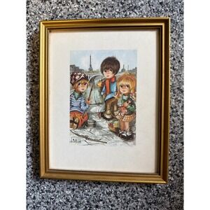 Vintage 1968 ISA Les‎ Pecheurs Paris Children Fishing Lithograph Gold Frame 8x10